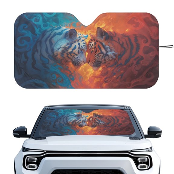 Uourmeti Fire & Ice Tiger Leopard Windshield Sun Shade - Foldable UV Heat Blocker | Stylish Car Interior Accessory for SUV, Sedan, Truck