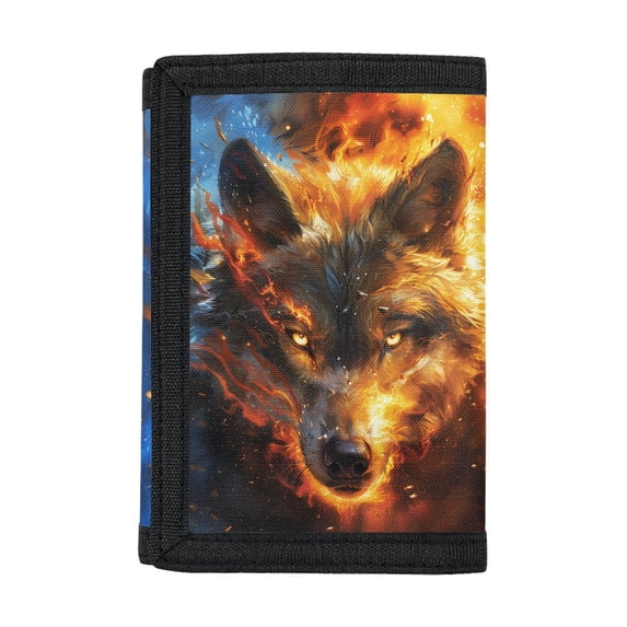Uourmeti Fire Ice Wolf Print Trifold Card Wallet for Sports, Polyester Children's Wallet with Slim Foldable Coin Purse Organizer