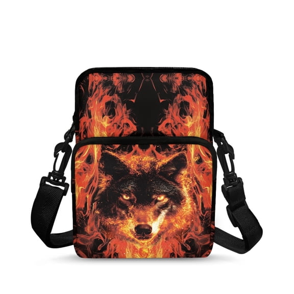 Uourmeti Fire Wolf Design Cellphone Crossbody Purse Polyester Shoulder Crossbody Satchel Pouch for Women, Double-layer with Zipper Crossbody Bags