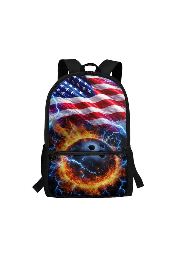 Flame Bowling Pattern Lightweight Polyester Backpack, 17 Inchs Personalized Daypack Side Mesh Pockets School Backpack for Students