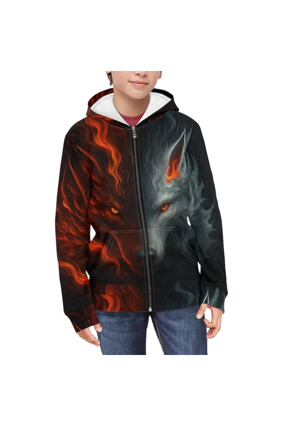 Flame Cool Wolf Boys Casual Zip Up Jacket Hooded Long Sleeve with Pockets Lightweight Sporty Top Kids Size 12-14