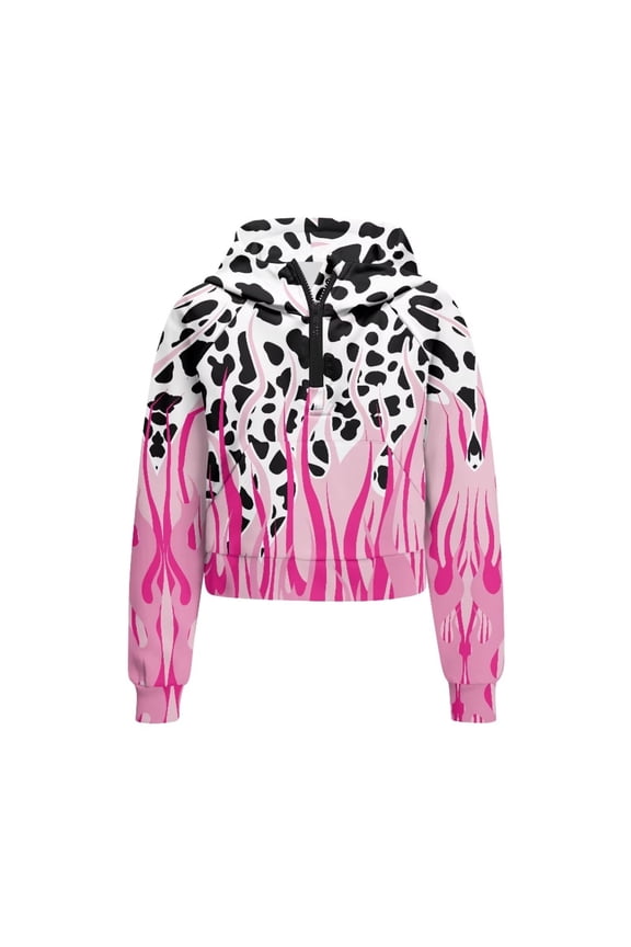 Flame Cow Print Girls Zip Up Sweatshirt with Pocket Quarter Zip Up Sweatshirts Oversize Plus Size Fall Winter Long Sleeve Top Size 13-14 Pink
