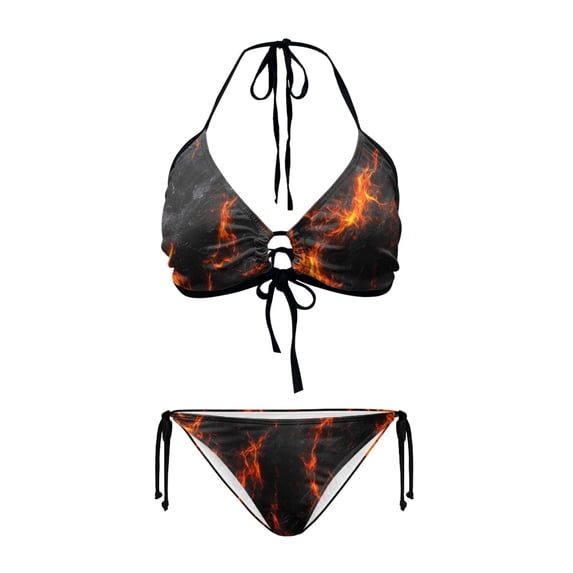 Uourmeti Flaming Fire Print Bikini Set - Bold Streetwear Style Swimsuit with Stretch Fabric - Perfect for Beach & Pool Days