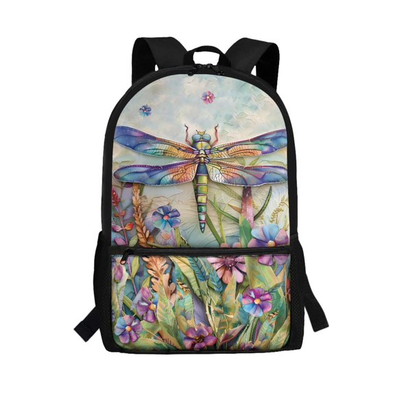 Uourmeti Floral Dragonfly Print Trendy Backpack, 17 Inchs Multiple Pockets School Backpack Smooth Zippers Student Bookbag for Girls