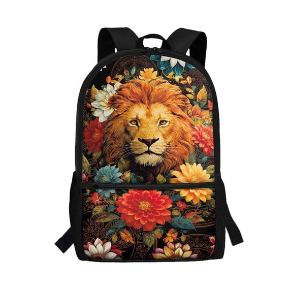 Uourmeti Floral Lion Portrait Print Smooth Zippers Backpack for Camping Travel, Stylish Spacious Storage School Backpack Side Mesh Pockets Student Bookbag