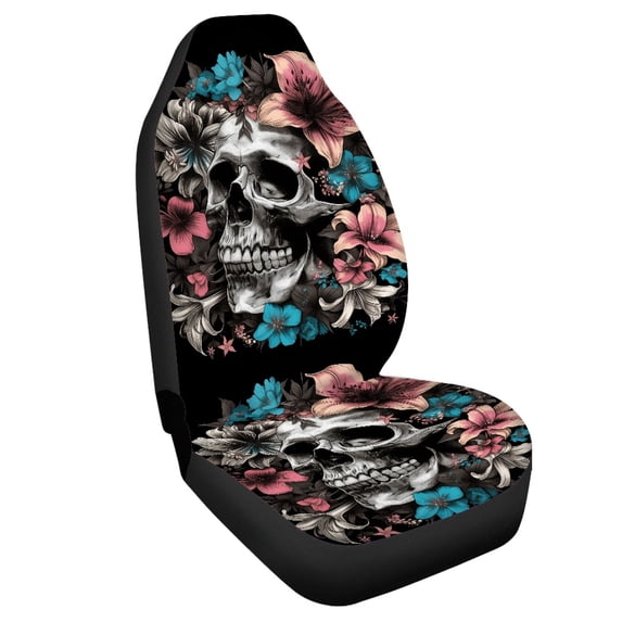 Uourmeti Floral Skull Car Seat Cover Durable Anti Wear Front Car Seat Cover, Long Time Use Personalized Compatible with Auto Vehicle Trucks