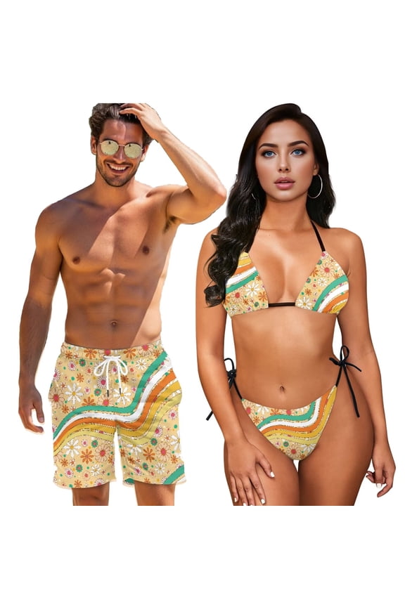 Floral Wave Stripe Matching Bathing Suits for Couples Lightweight Quick Dry Swim Trunks Men & Adjustable Bikini Sets Women