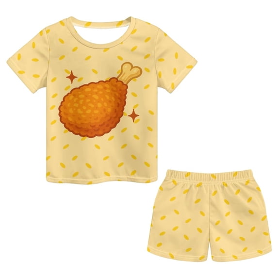 Uourmeti Fried Chicken Leg Pajamas Outfits Set for Girls Loungewear Short Sleeve Tops with Elastic Shorts Summer Two Piece Tank Tee and Knee Length Pants with Side Pockets Sets