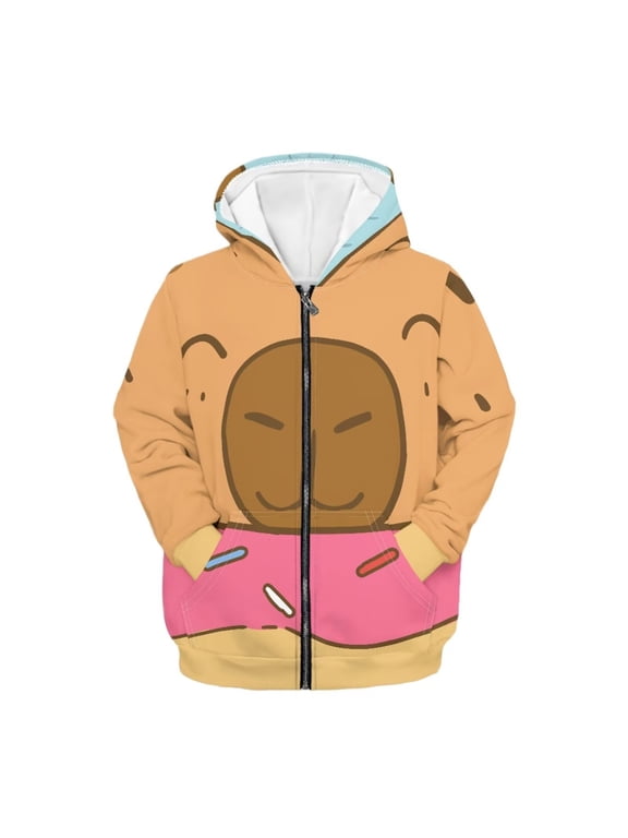 Funny Capybara Head Lightweight Zip Up Hoodie for Boys Girls Long Sleeve with Pockets Comfy Casual Fall Outerwear Size 13-14