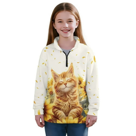 Uourmeti Funny Cat Sunflowers Girls College Sweatshirt Half Zip Pullover Sweatshirts Comfy Casual Trendy for School Daily Wear Fall Winter Top Size 11-12