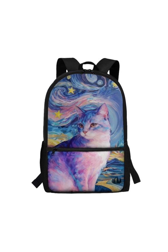 Galaxy Gradient Cat Portrait Lightweight School Backpack for Outdoor Work, Smooth Zippers High Quality Everyday Backpack Personalized Student Bookbag