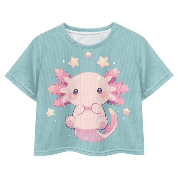 Uourmeti Girl Axolotl Crop Top for Girls 7-8 Cute Short Sleeve Tops Summer Short Crew Neck Pullover Lightweight Soft Athletic T-Shirt