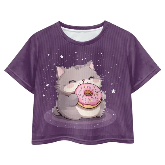 Uourmeti Girl Cat T-Shirt for Girls 5-6 Summer Short Round Neck Crop Tops Donut Print Sports Pullover Kids Short Sleeve Top