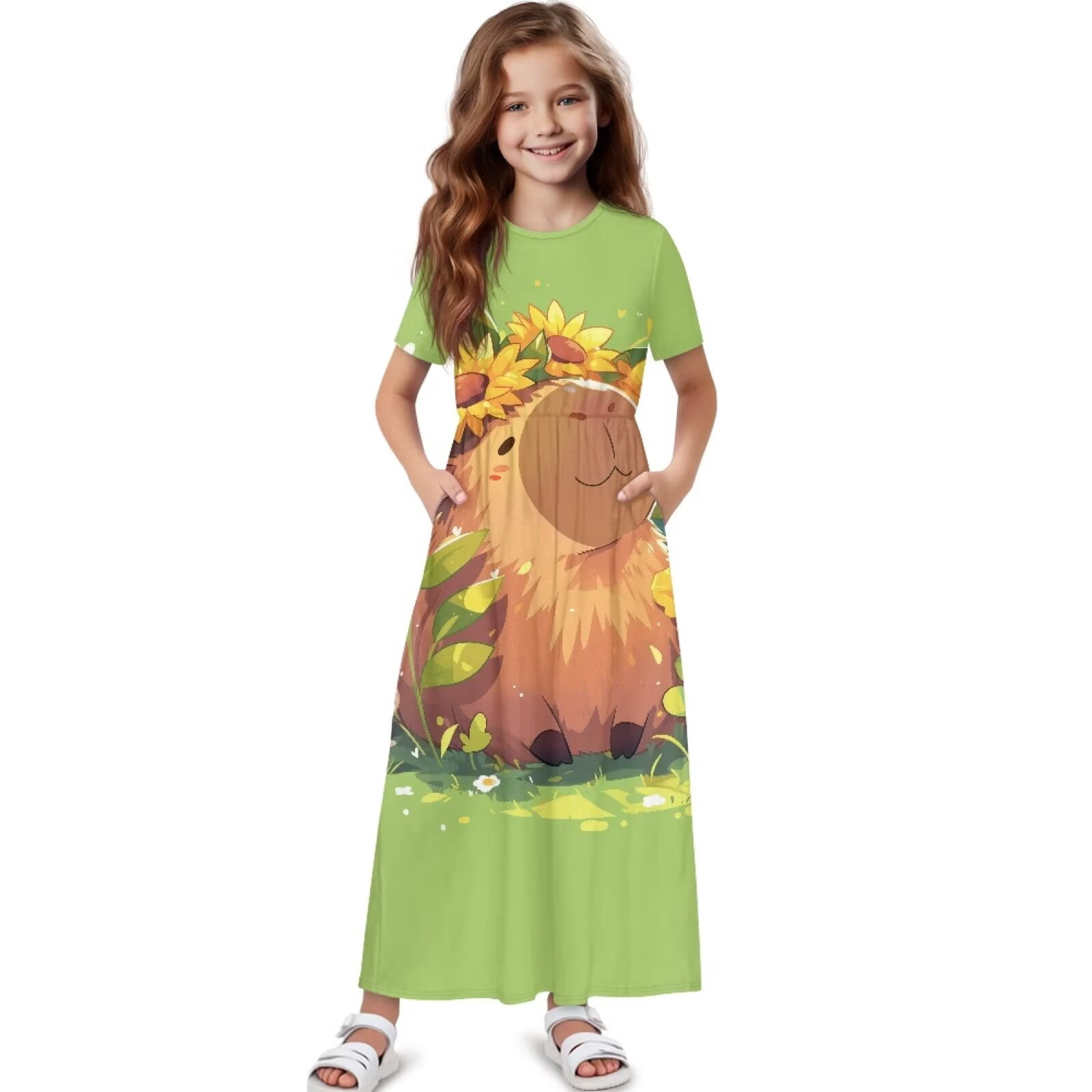 Uourmeti Girl Maxi Dress Capybara Sunflower Print Short Sleeve Crew Neck Dresses with Pockets for Girls Loose A-line Dress, Size 11-12 Years
