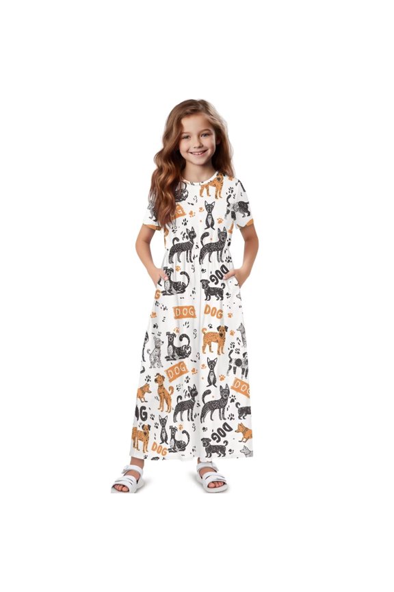Girl Maxi Dress Cartoon Dog Print Short Sleeve Crew Neck Dresses with Pockets for Girls Loose A-line Dress, Size 11-12 Years
