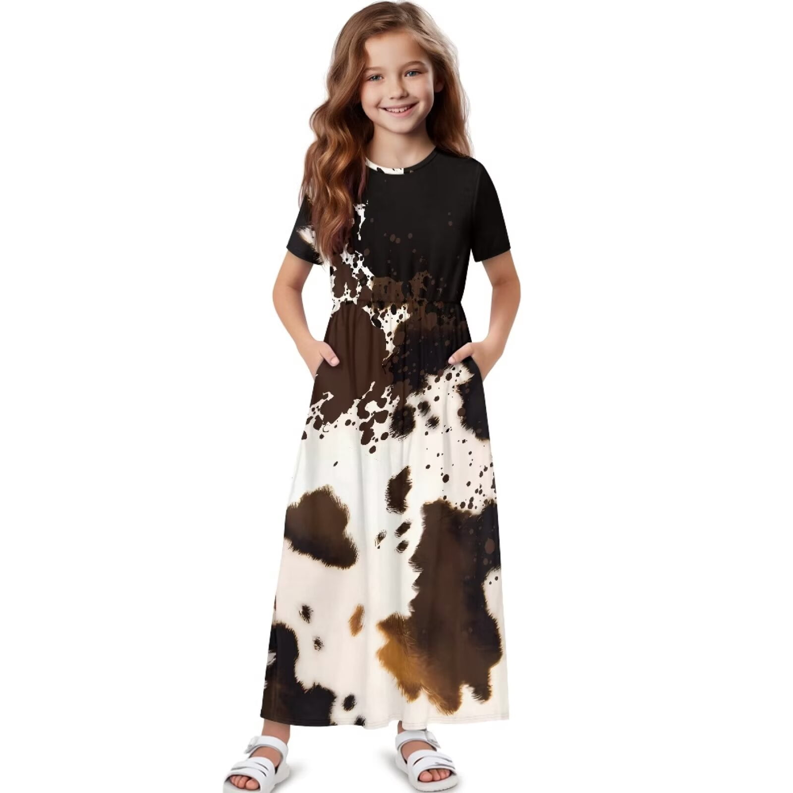 Uourmeti Girl's Dress Brown Cowhide Print Crew Neck Short Sleeve Maxi Long Dress with Pockets Cute Flowy Holiday Outfits, Size 7-8 Years