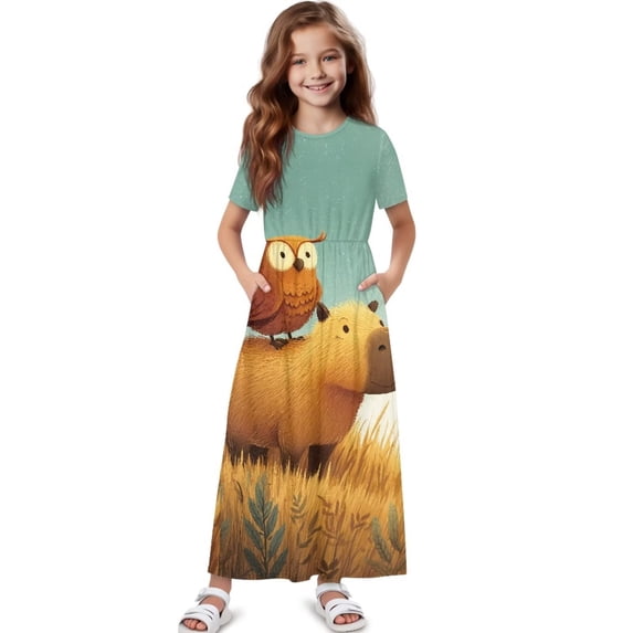 Uourmeti Girl's Dress Funny Owl Capybara Print Crew Neck Short Sleeve Maxi Long Dress with Pockets Cute Flowy Holiday Outfits, Size 13-14 Years