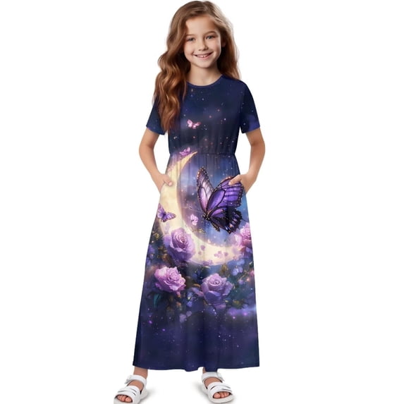 Uourmeti Girl's Dress Purple Butterfly Moon Print Crew Neck Short Sleeve Maxi Long Dress with Pockets Cute Flowy Holiday Outfits, Size 9-10 Years