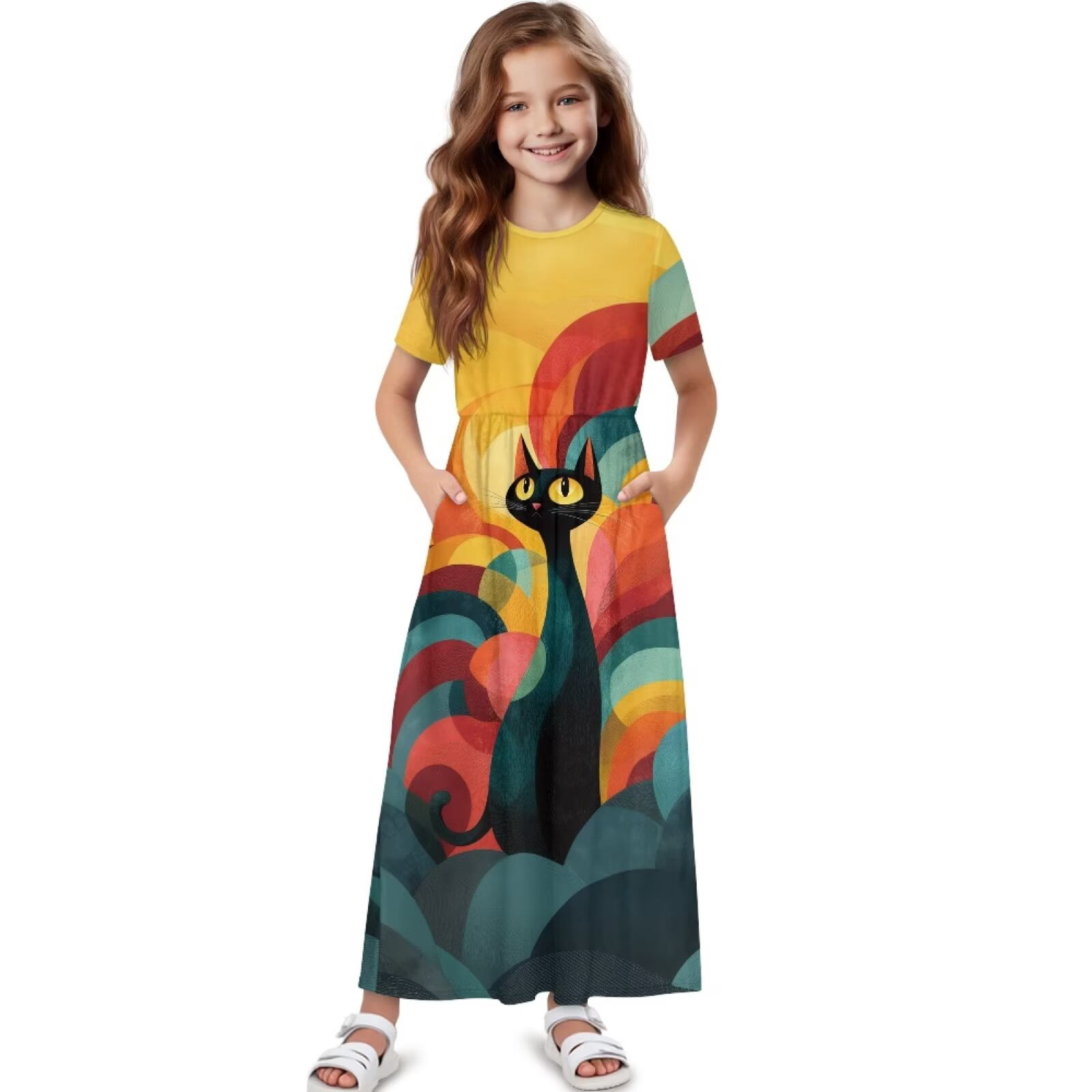 Uourmeti Girl's Maxi Dress Black Cat Art Print Short Sleeve Dresses with Pockets Loose A-line Holiday Casual Dress for Girls, Size 5-6 Years