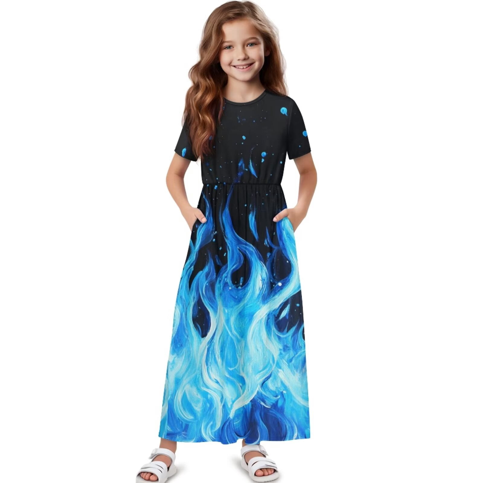 Uourmeti Girl's Maxi Dress Blue Fire Print Short Sleeve Long Dresses Crew Neck Elegant Casual Sundress with Pockets, Size 5-6 Years