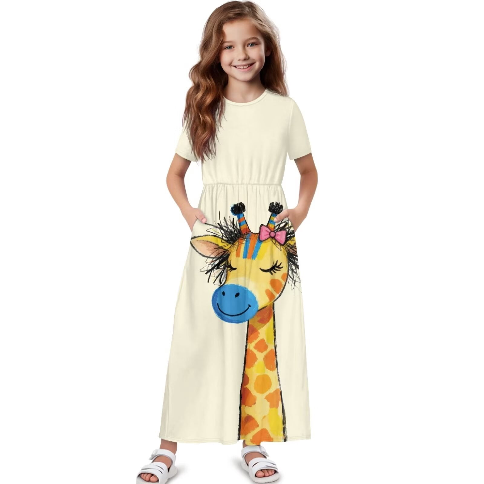 Uourmeti Girl's Maxi Dress Cartoon Giraffe Print Short Sleeve Long Dresses Crew Neck Elegant Casual Sundress with Pockets, Size 7-8 Years