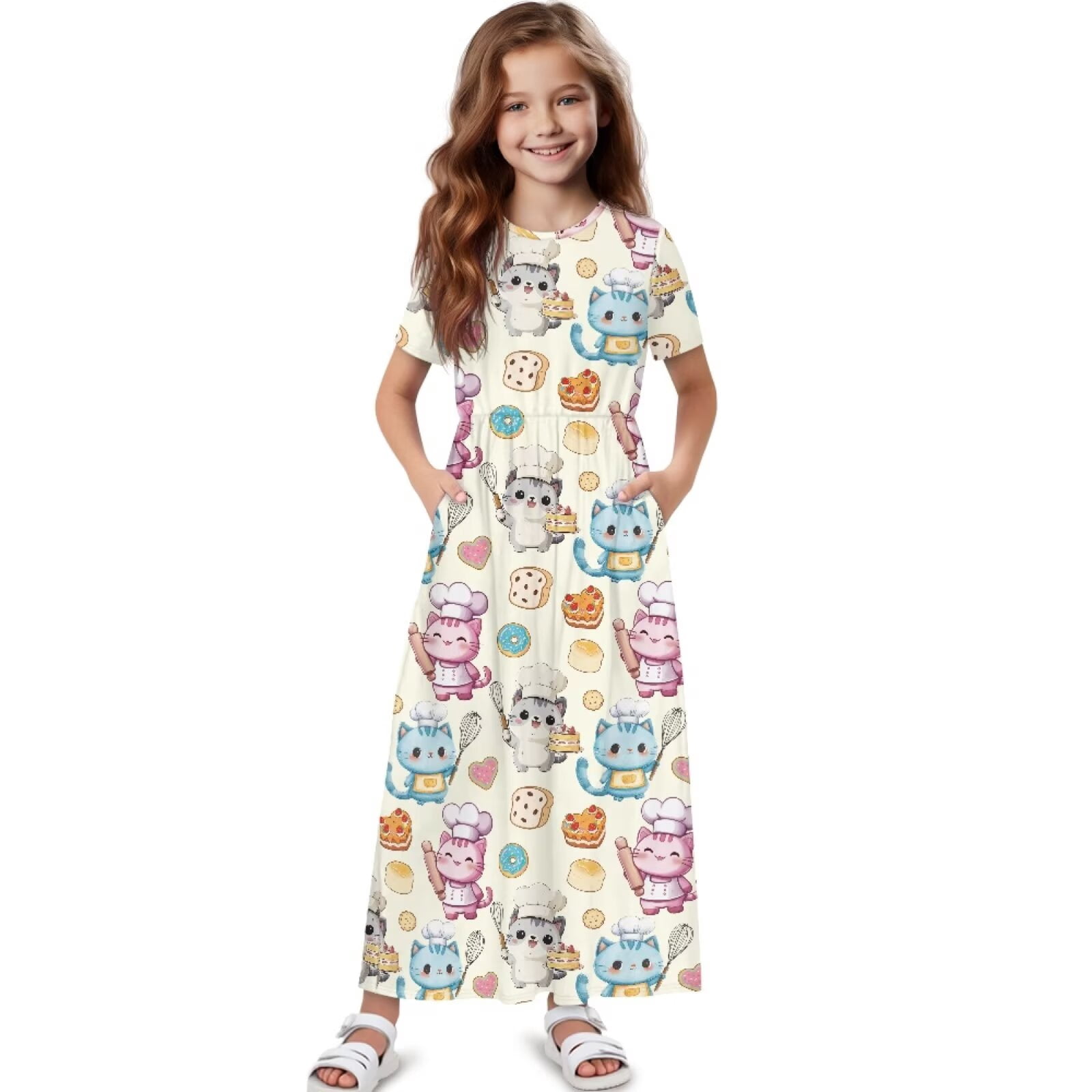 Uourmeti Girl's Short Sleeve Cartoon Cat Cook Print Crew Neck Loose Casual Long Maxi Dress with Pockets Toddler Girls Sundress Clothes, Size 13-14 Years