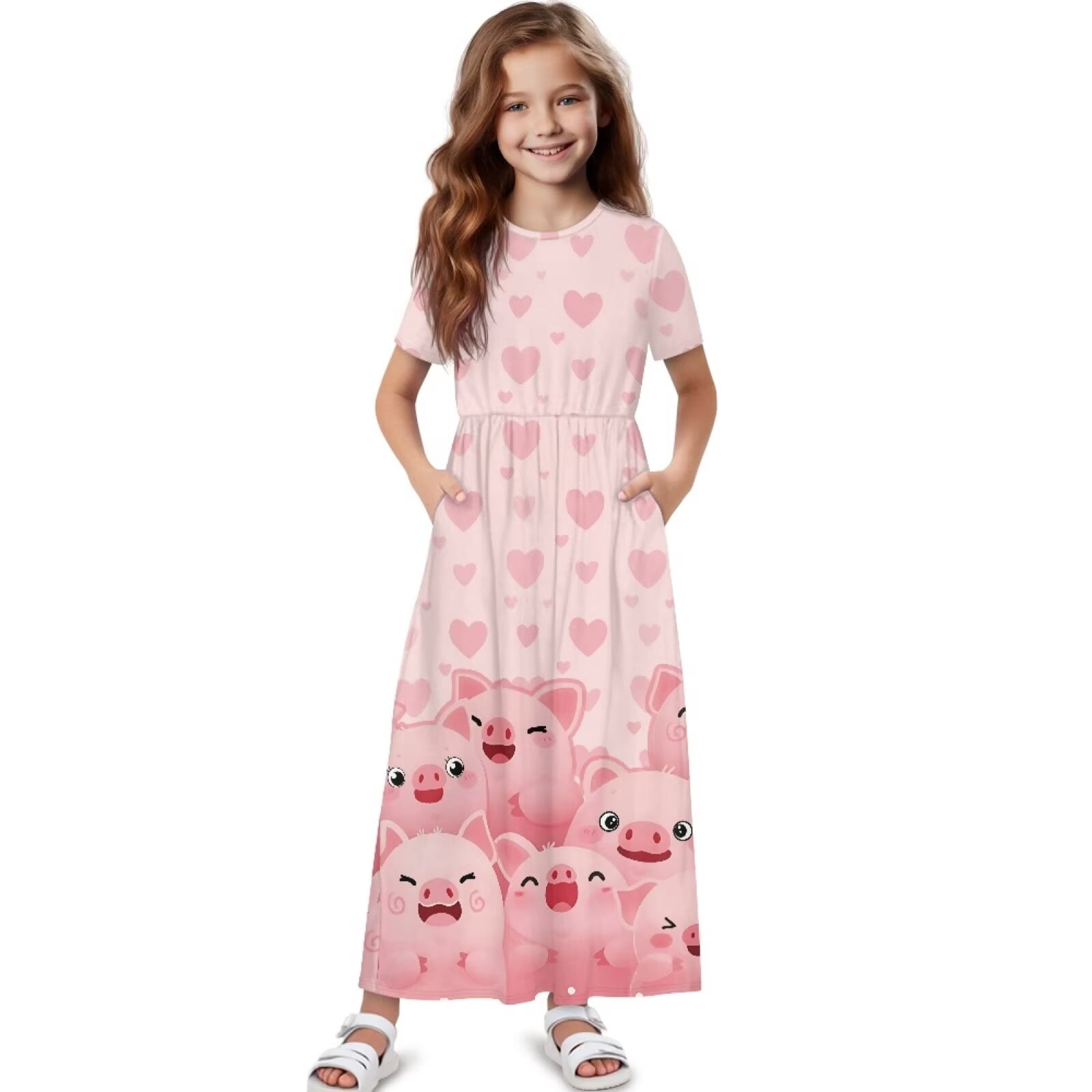 Uourmeti Girl's Short Sleeve Dress Cartoon Pig Hearts Print Round Neck Loose Casual Long Maxi Dress with Pockets Flowy Cute Outfits, Size 5-6 Years