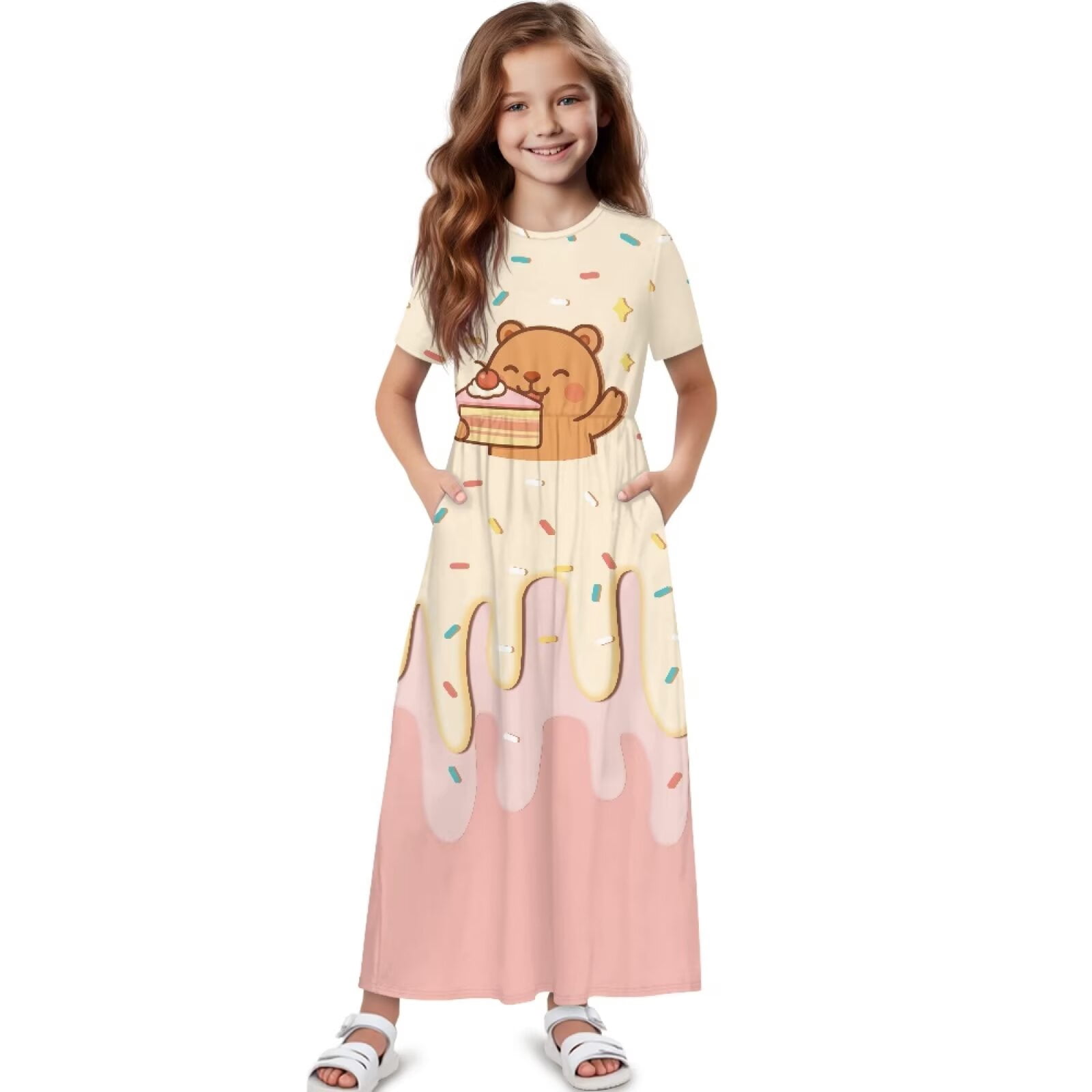 Uourmeti Girl's Short Sleeve Dress Cute Capybara Cake Print Round Neck Loose Casual Long Maxi Dress with Pockets Flowy Cute Outfits, Size 7-8 Years