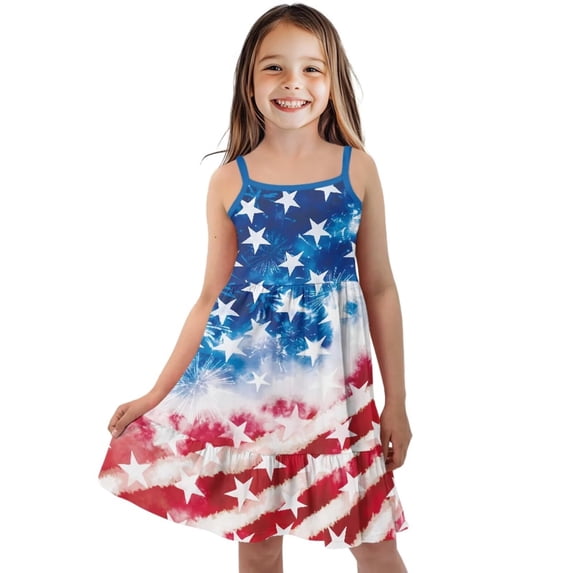 Uourmeti Girls American Flag Dresses Patriotic Beach Sundress Kids Toddler Sleeveless A Line Soft Midi Swing Skater for Girls 4th of July Tiered Dresses for Summer Spring