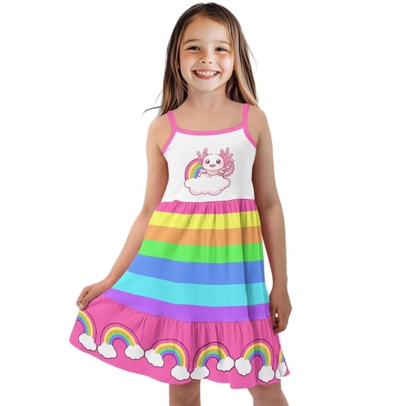 Uourmeti Girls Axolotl Dress Princess Birthday Rainbow Dresses for Girls Summer Spaghetti Strap Dresses Cartoon Outfit Kids School Casual Skater 3-14T