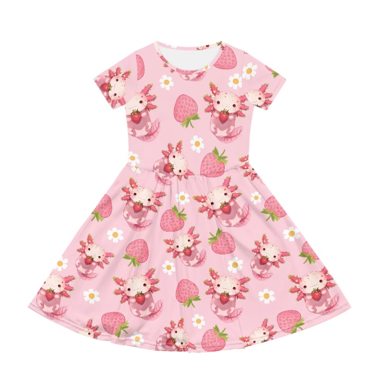 Uourmeti Girls Axolotl Dress Size 5-6 Cute Short Sleeve Swing Dresses Strawberry Crew Neck Midi Dress Lightweight Loose Knee A-Line Dresses Casual Beach Dress