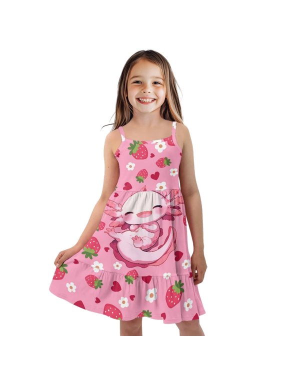 Girls Axolotl Dress Spaghetti Strap Tiered Midi Dress with Strawberry Summer Causal Flared A Line Swing Dress for Girls Cute Clothes Party School Outfit