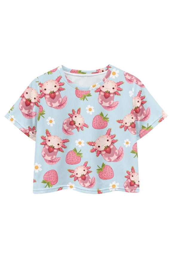 Girls Axolotl Short Sleeve Casual Crop Crew Neck T-Shirt Strawberry Soft Loose Athletic Top Lightweight Pullover Tops Size 7-8