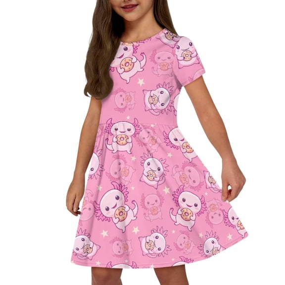 Uourmeti Girls Axolotl Short Sleeve Dress Size 2-3 Summer Soft Crew Neck Midi Dresses Lightweight Loose Swing Dress with Pockets
