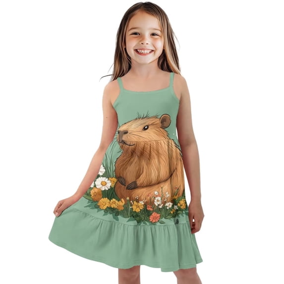 Uourmeti Girls Capybara Dress Floral Sleeveless Beach Sundress for Summer Kids Cartoon Clothes Midi Tiered Swing Dresses,3-14T