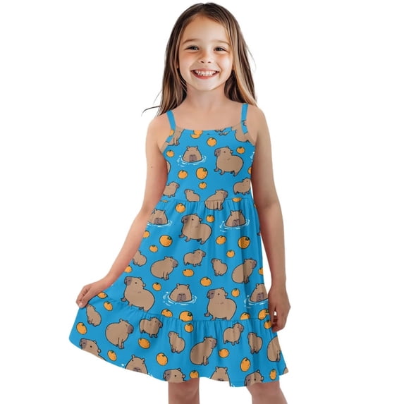 Uourmeti Girls Capybara Dresses Causal Spaghetti Straps Swing Dresses for Little Girls Soft A Line Midi Tiered Sundress Kids Cartoon Capybara Outfit for Summer