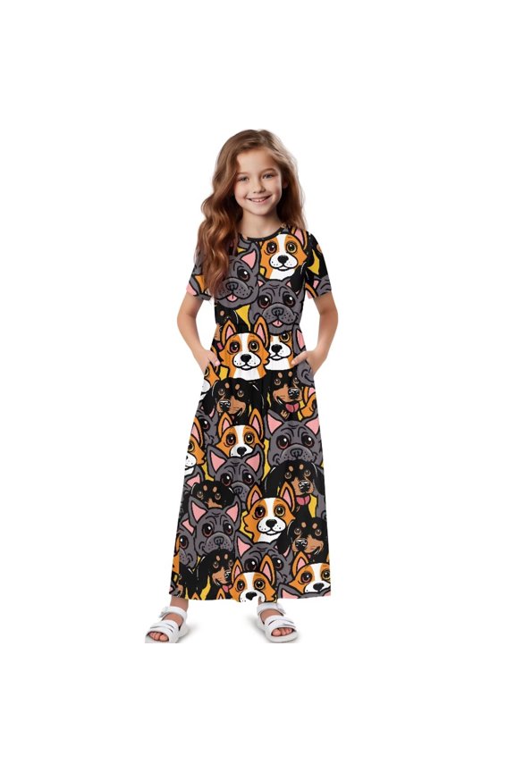 Girls Casual Dresses Swing Cartoon Dogs Printed Short Sleeve Loose Maxi Dresses for Birthday Party, Kindergarten, Daily Wear, Size 9-10 Years