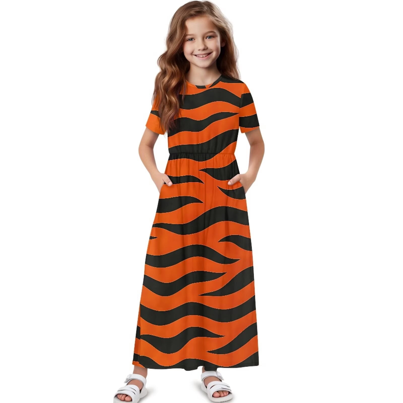 Uourmeti Girls Casual Dresses Swing Tiger Stripes Printed Short Sleeve Loose Maxi Dresses for Birthday Party, Kindergarten, Daily Wear, Size 7-8 Years