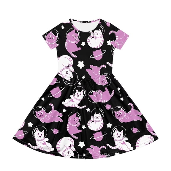 Uourmeti Girls Cat Short Sleeve Dress Size 3-4 Summer Swing Dresses School Crewneck Knee Length A-Line Dress with Pockets