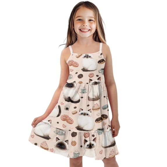 Uourmeti Girls Cute Cat Summer Dress Causal Spaghetti Strap Cami Dress Boho A Line Swing Tiered Dresses Play Party School Beach Sundress,11-12t