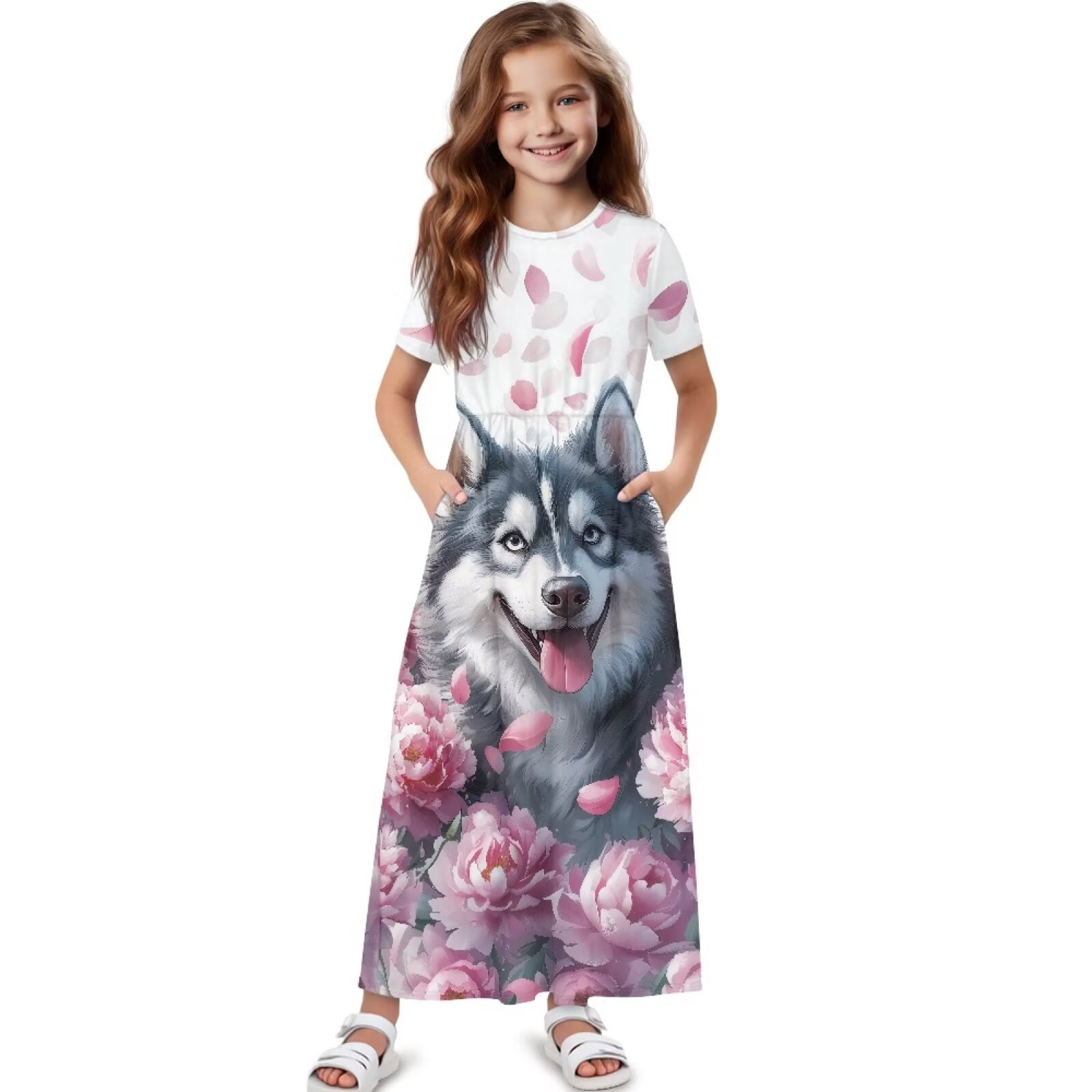 Uourmeti Girls Dress with Cute Husky Flower Print Short Sleeve Round Neck Casual Maxi Dresses with Pockets Summer Long Sundress for Kids, Size 13-14 Years