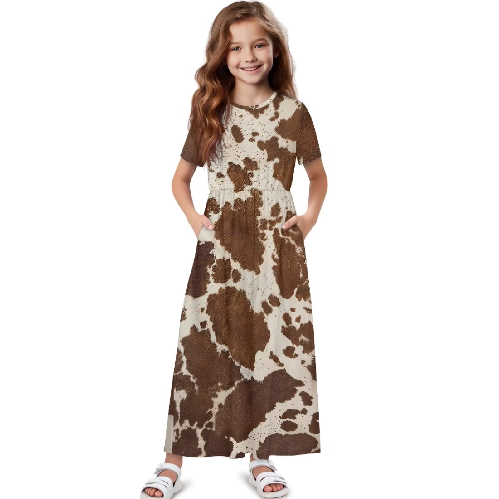 Uourmeti Girls Elegant Maxi Dress, Brown Cow Printed Short Sleeves Dress with Pockets Summer Long Holiday Dresses, Size 9-10 Years