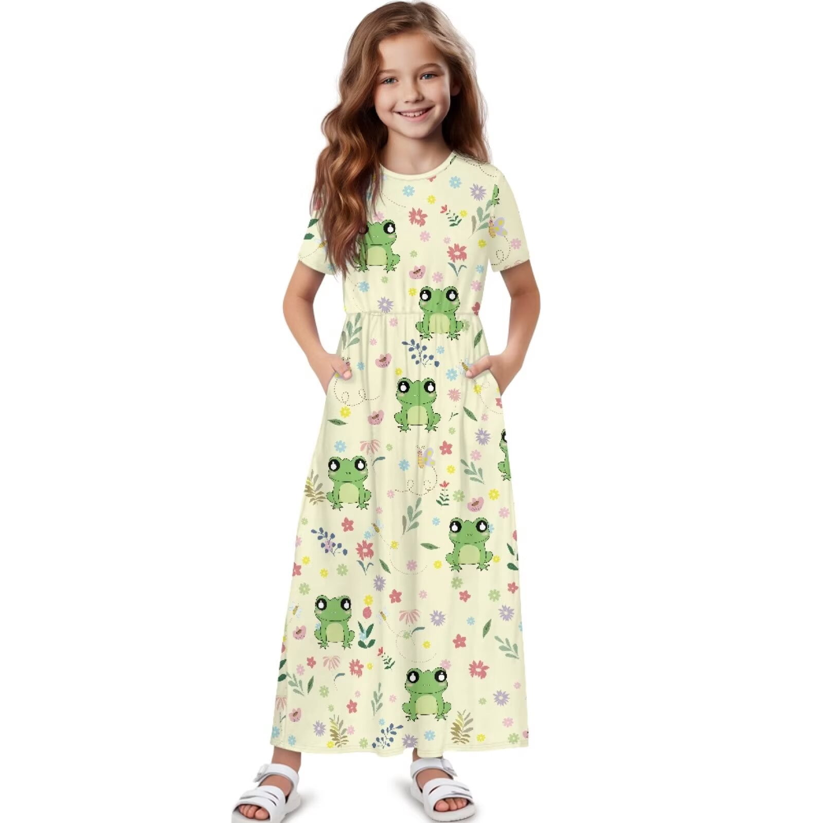 Uourmeti Girls Elegant Maxi Dress, Cute Frog Floral Printed Short Sleeves Dress with Pockets Summer Long Holiday Dresses, Size 9-10 Years