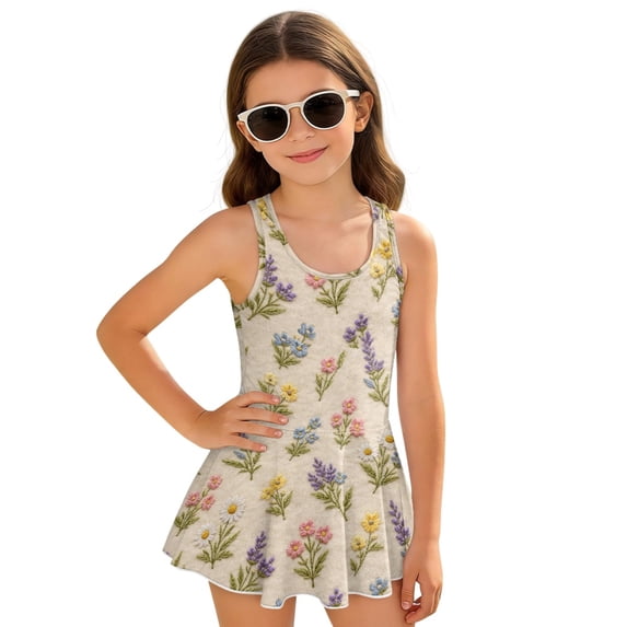 Uourmeti Girls' Embroidered Wildflower Swim Dress | Sleeveless Skirted One-Piece | Quick Dry Stretch Bathing Suit for Beach & Pool, 3-13 Years