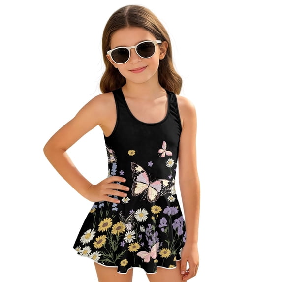 Uourmeti Girls' Floral & Butterfly Print Skirted One-Piece Swimsuit - Quick Dry, Stretchy Swim Dress for Beach, Pool & Summer Vacations