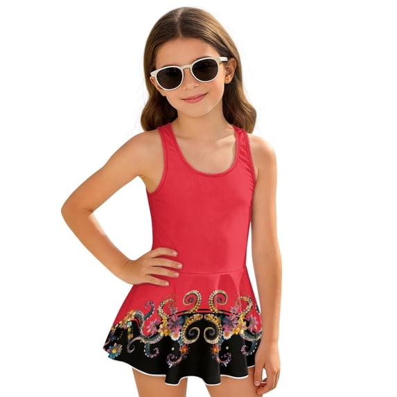 Uourmeti Girls' Floral Octopus Tentacle Scroll Skirted One-Piece Swimsuit - Quick Dry, Stretchy Swim Dress for Beach & Pool Vacations