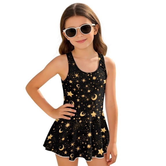Uourmeti Girls' Golden Star & Crescent Moon Swim Dress - Sleeveless Skirted One-Piece Bathing Suit | Quick Dry, Stretchy for Beach & Pool Fun