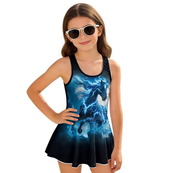 Uourmeti Girls' Lightning Horse Fantasy Print Skirted One-Piece Swimsuit - Quick Dry, Stretchy Swim Dress for Beach, Pool & Summer Vacations