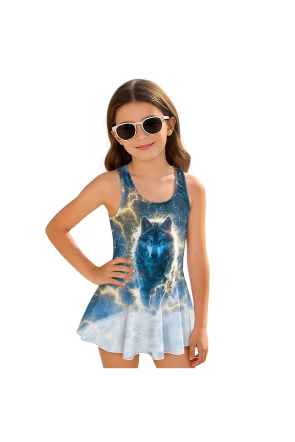 Girls' Lightning Wolf Graphic Swim Dress - Sleeveless One-Piece Skirted Bathing Suit | Quick Dry, Stretchy for Beach & Pool