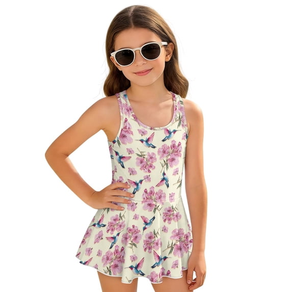 Uourmeti Girls' One Piece Skirted Swimsuit - Hummingbird & Pink Floral Print | Quick Dry, Stretchy Swim Dress for Beach & Pool Vacations